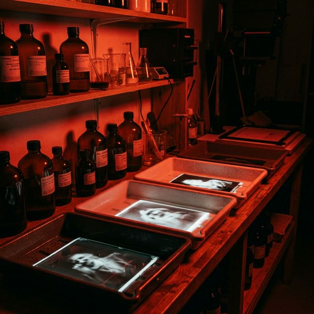 Darkroom safelight illuminating trays of chemistry